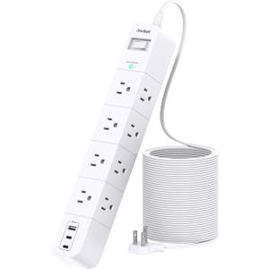 One Beat Extension Cord 15 ft,Surge Protector Power Strip with 8 Widely AC Outlets 3 USB(2 USBC),Flat Plug Power Strip,Desktop Charging Station with Overload Protection for Home,Office,Dorm,ETL Listed (White)