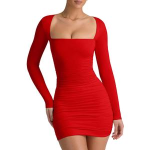 LCNBA Women's Long Sleeve Square Neck Ruched Bodycon Mini Dress (Medium, Red)