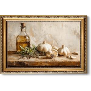 Gold Framed Kitchen Wall Art Vintage Wall Decor, Rustic Rustic Garlic and Herbs Canvas Paint, Neutral Cottage Aesthetic Pictures for Farmhouse Dining Room Shelf 16x24 Inch