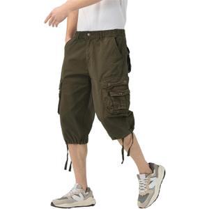 Mens Long Cargo Shorts Elastic Waist Stretch Twill Cotton 3/4 Multi Pockets Below Knee Cargo Shorts for Men (Green)