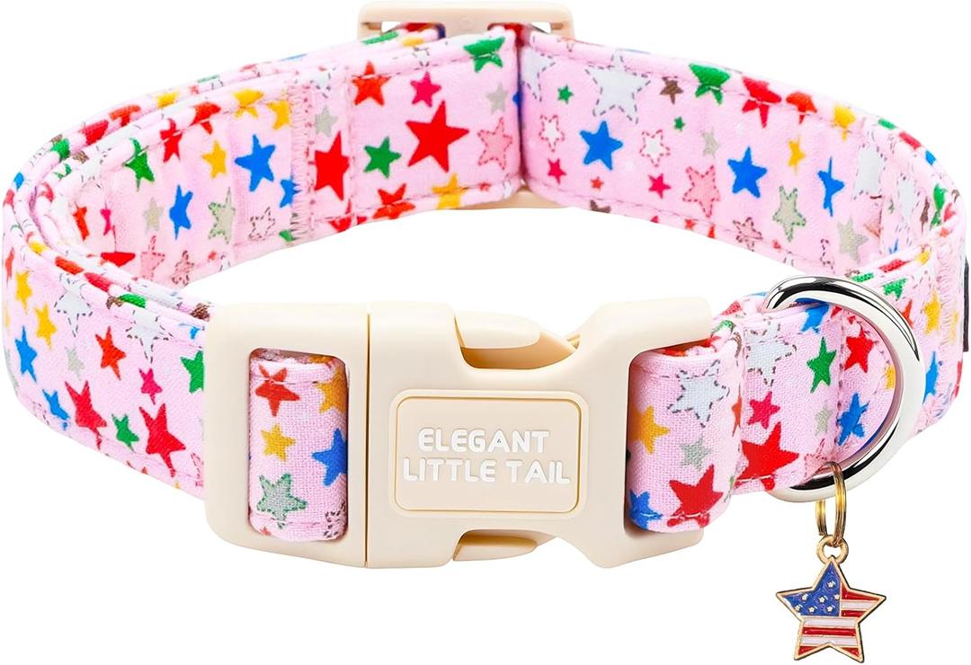 Elegant Little Tail 4th of July Dog Collar with Pendant, Patriotic Pink Stars Patriot Pattern Cotton, Sturdy Quick-Release Plastic Buckle, Girl Adjustable Pet Collar for Medium Dogs