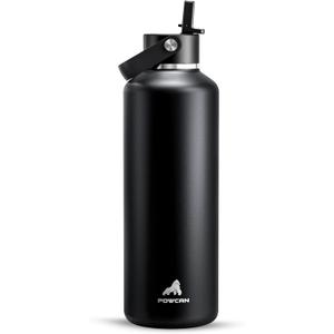 POWCAN 32 oz Insulated Water Bottle with Straw: Leakproof, Top Handle, Keep Cold 24H, BPA-Free, Double Wall Stainless Steel Water Bottle for Travel, Sport, Gym, Outdoors, Camping (Midnight Black)