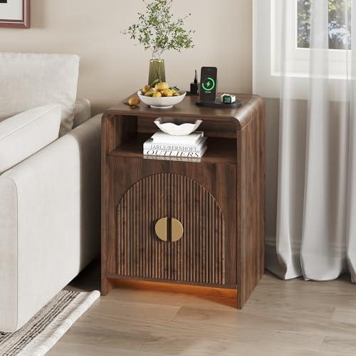Nightstand with Charging Station and LED Lights, Night Stands with Adjustable Storage Cabinet, Modern Side Table with Fluted Doors and Open Storage, Bedside Table for Bedroom, Walnut