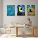 3 pcs Funny Black Cat Wall Art in pink Water Lilies Cat Posters Vintage Starry Sky Famous Oil Paintings Aesthetic Animal Floral Canvas Prints for Bedroom Living Room Bathroom Wall Decor 16x24in Canvas