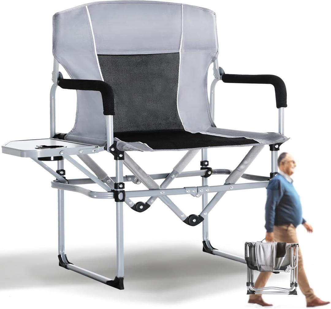 SHALLWE Oversized Director Chairs No Assembly, Heavy Duty Folding Chair with Side Table for Camping, Fold Up Outdoor Lawn Chairs for Adults Light Grey