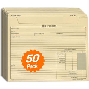 Job Folders for Projects,12 x 10 inch, Classic Manila File folders Jecket, Heavy Duty Folders Preprinted for Job Tracking, Costing and Customer Correspondence (50-Pack)