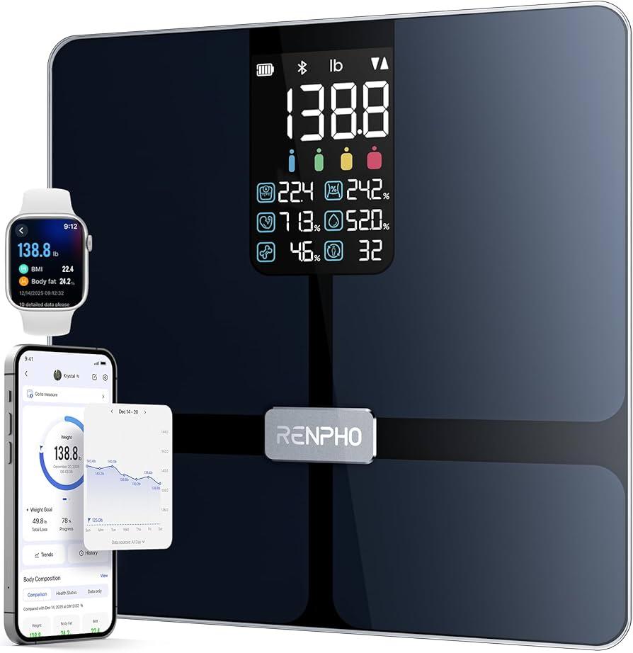 RENPHO Scale for Body Weight, Smart Scale with BMI, Body Fat, Muscle Mass, Bluetooth, 13 Metrics with Large Display, Support App Connection, Black, Elis 2X