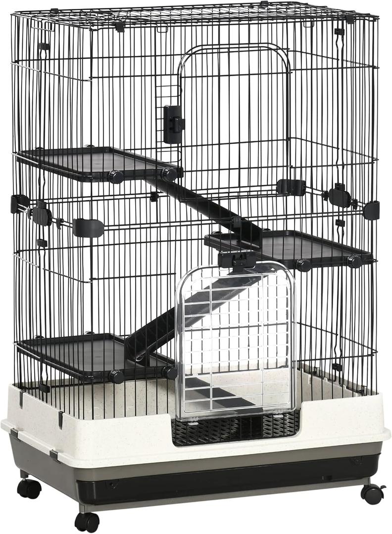 PawHut 4-Level Small Animal Cage Rabbit Hutch with Wheels, Removable Tray, Platform and Ramp for Bunny, Chinchillas, Ferret, Black (32.0"L x 20.8"W x 43.3"H)