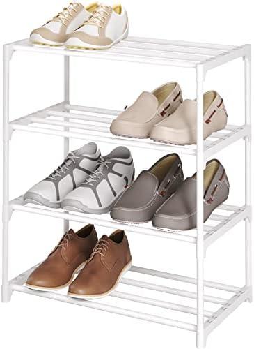 4-Tier Small Shoe Rack, Metal Stackable Kids Shoe Shelf Storage Zapateras Organizer,Narrow Shoe Rack Sturdy for Closet Hallway Entryway Living Room Bedroom (White)