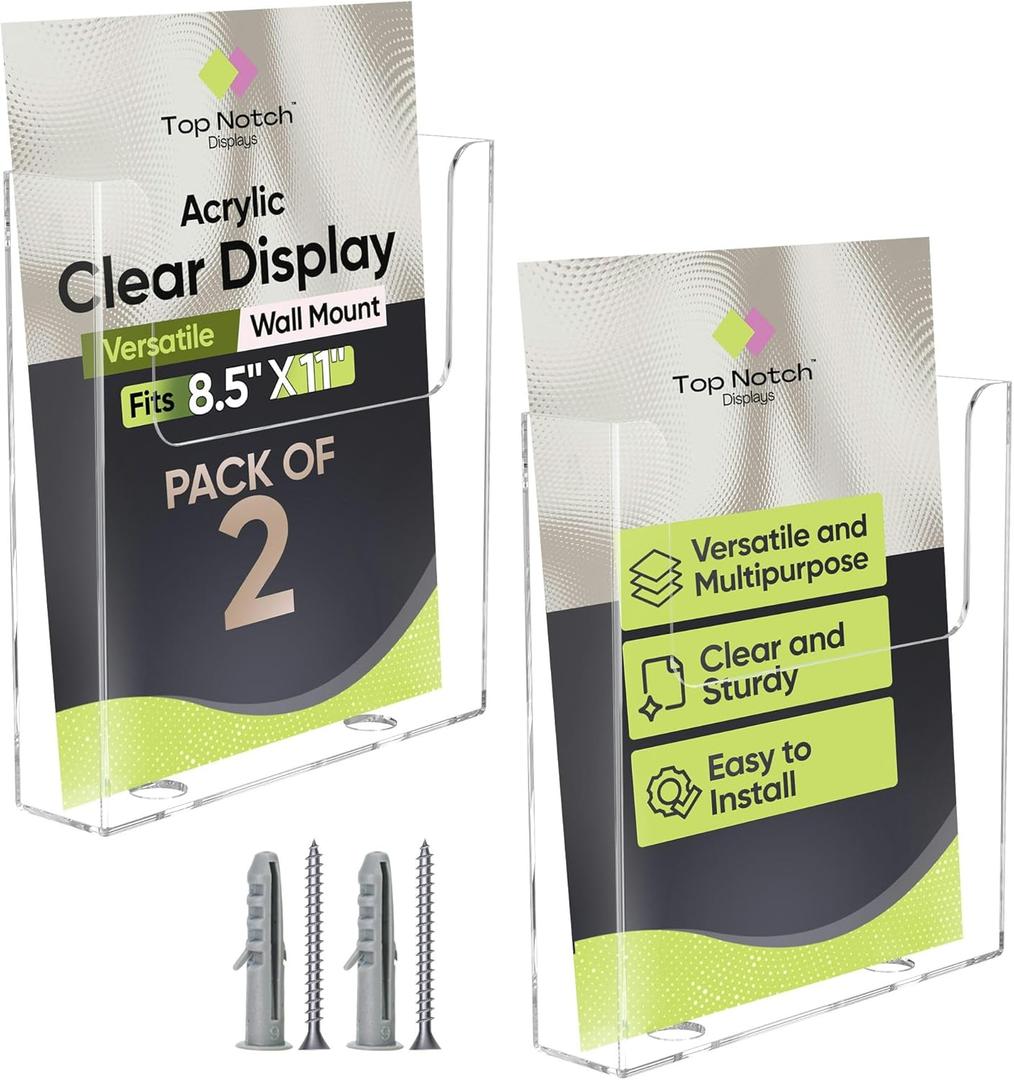 Acrylic Brochure Holder for Wall Mounting, Clear Display for 8.5" x 11" Flyers, Literature Holder for Magazines, Pamphlets, Menus, Includes Screws & Plastic Anchors  Pack of 2