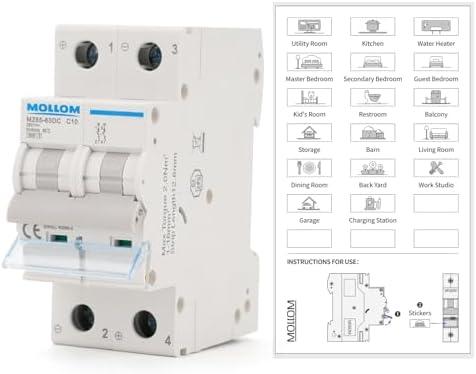 MOLLOM DC 2 Pole Miniature Circuit Breaker, 250V 10Amps, C10 Scene Visualization Custom MCB Thermal Magnetic Trip, 6KA Breaking Capacity DC Disconnect Switch for Solar PV System 2 PACK