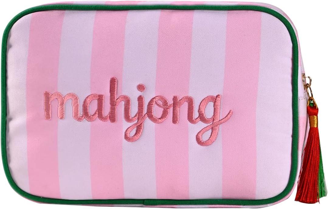 Embroidered Mahjong Tile Bag with Zipper, Thickened Mini Mahjong Pouch for 166 Tiles, Portable Travel Game Organizer, 10 x 6.8 x 3.5 Inches, Pink