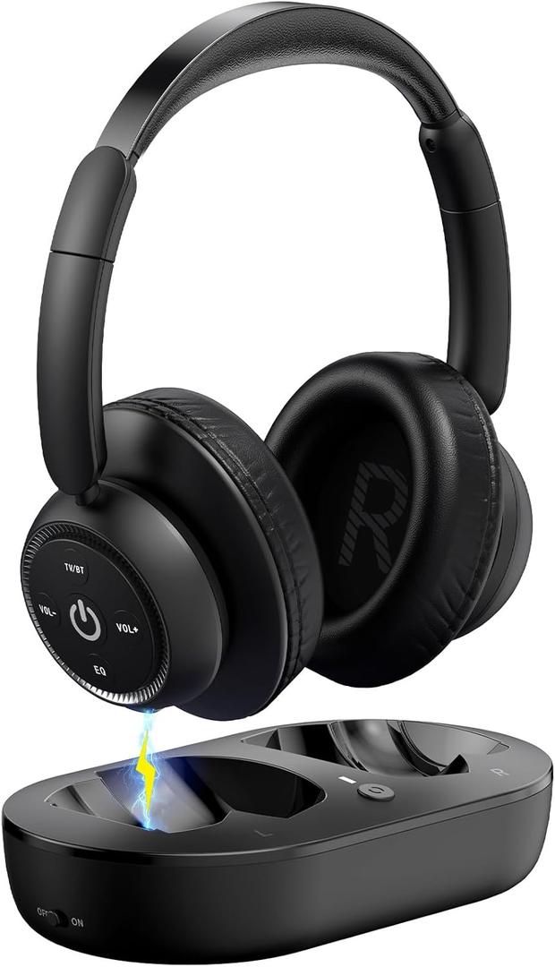 Wireless Headphones for TV Watching, TV Headphones Wireless for Seniors with Transmitter Charging Base, Support Optical,AUX,RCA and USB, High Volume No Audio Delay, Plug and Play, Black