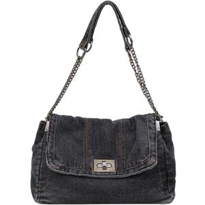 Denim Purse, Denim Crossbody Bag Y2K Jean Purses for Women Trendy Flip Shoulder Handbag (B Black)