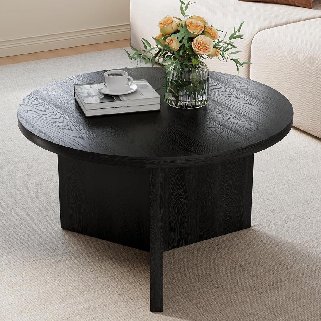 Luoxiao 27.5" Round Black Coffee Table, Modern Wood Grain Center Table with Triangle Pedestal Base, Low Profile Circular Accent Table for Living Room, Small Spaces & Apartments, Easy Assembly
