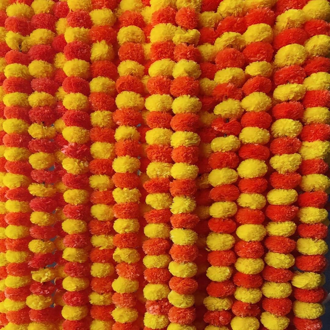 10 PC - 5 feet Marigold Garland |Indian/American Wedding Party Mantle Decoration, Faux Garlands Wedding Garland, Diwali Decoration, Spring Bush Floral! (Yellow & Dark Orange)