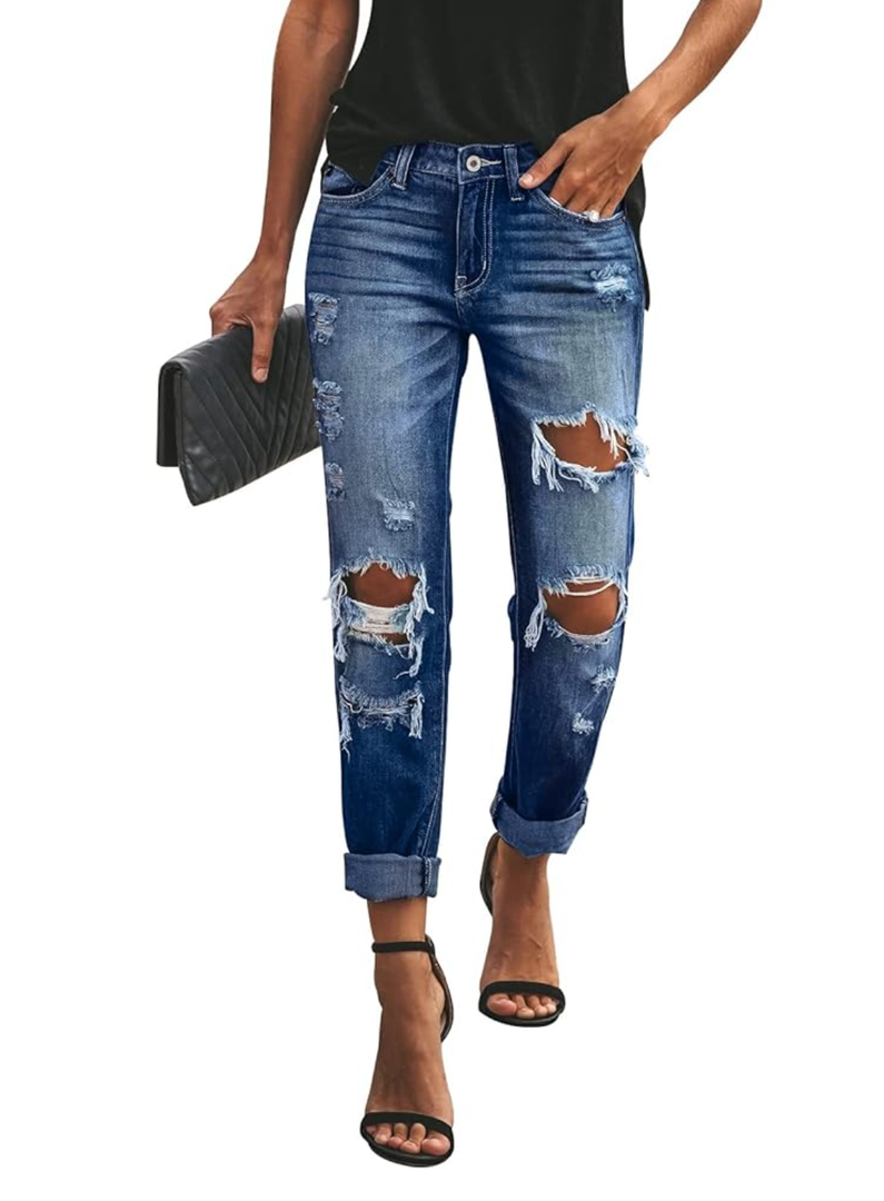 Women's Ripped Mid Waisted Boyfriend Jeans Loose Fit Distressed Stretchy Denim Pants, XL