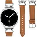 Leather Bands Compatible with Samsung Galaxy Watch 8 Band 40mm 44mm/Watch 8 Classic 46mm, Slim Leather Strap Wristband Accessories with C-Shape Metal Buckle for Women