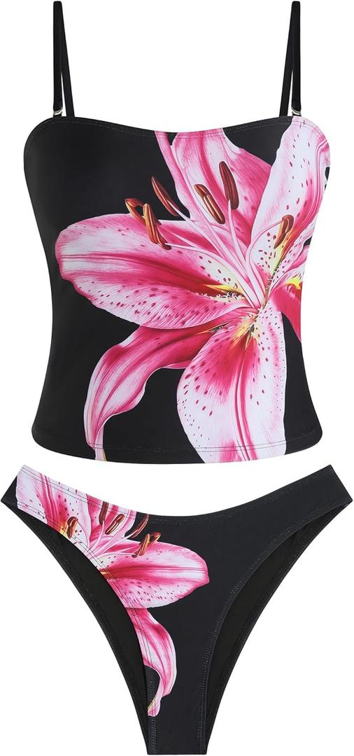 ZAFUL Women's Floral Tankini Swimsuits Bandeau Tummy Control High Cut Tankini Set Two Piece Bathing Suit (Large, 1-black Flower)
