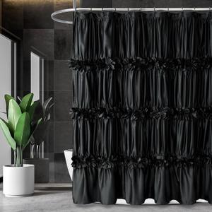Black Ruffle Shower Curtain, Vintage Handcrafted Bow Tie Bath Curtain for Master Bathroom, Ruched Satin Bathroom Curtain with 12 Buttonholes, 72" W x 84" H (LQ-10)