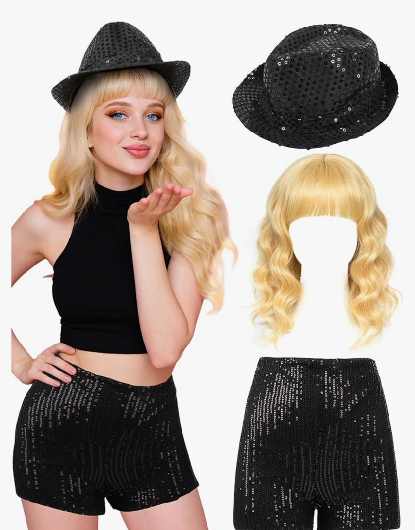 3 Pcs Halloween Singer Costume Wavy Blonde Wig Sequins Fedora Hat Shorts for Party Cosplay Music Festival Concert Size S