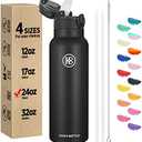 Han's Bottle Sports Water Bottle - 24 Oz, Straw Lid, Leak Proof, Vacuum Insulated Stainless Steel, Double Walled, Thermo Mug,Black