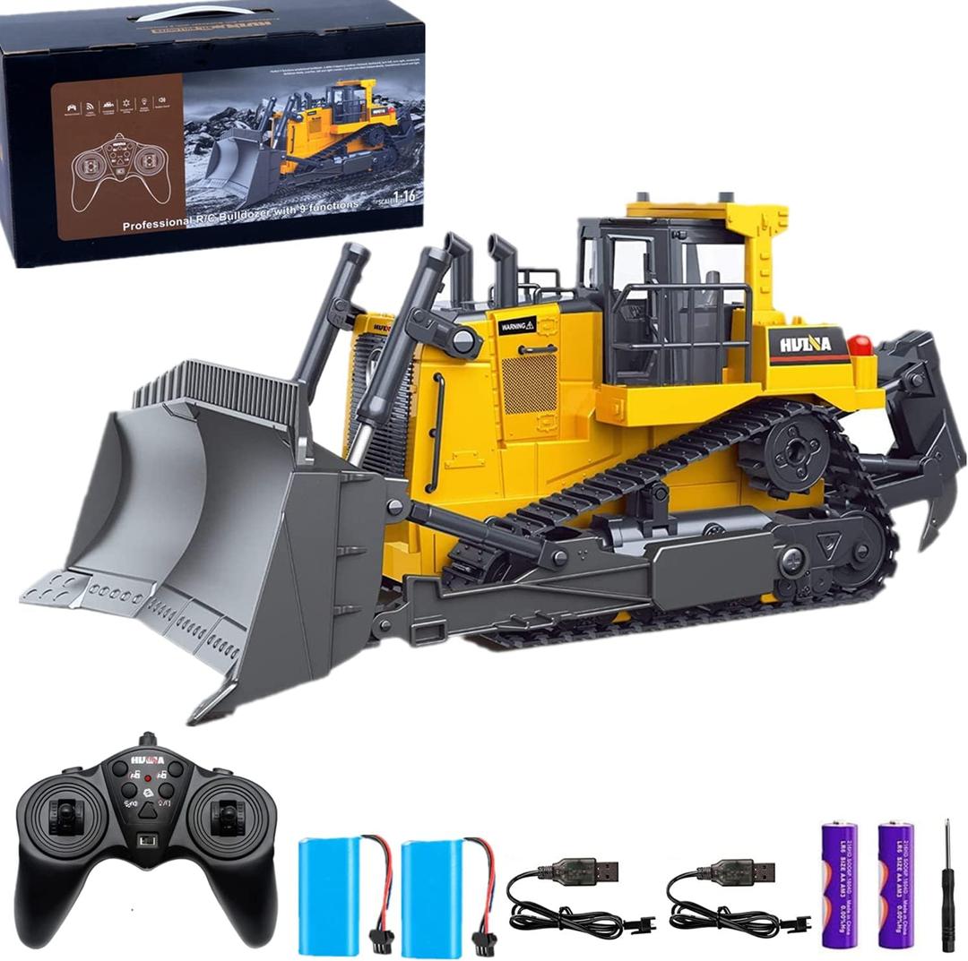 Remote Control Bulldozer RC 1/16 Full Functional Construction Vehicle, 9 Channel Dozer Front Loader Toy with Light and Sound for Kids Age 3,4,5,6 6, 7, 8, 9, 10 and Up Years Old