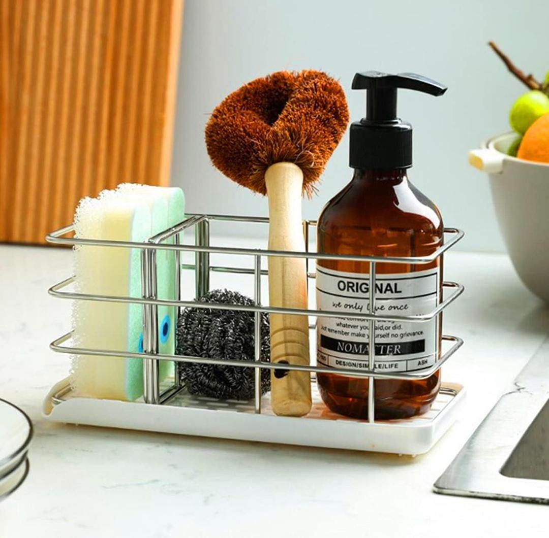 Kitchen Sink Sponge Holder,Sink Caddy Sponge Holder, Kitchen Sink Organizer for Dish Brush Holder and Sponge (White)