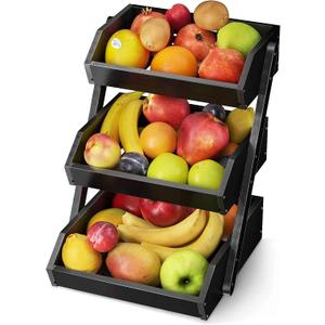 Bamboo Fruit Basket l 3 Tiered Design l Large Capacity l Multipurpose Functionality for Convenient Fruit l Vegetable Storage on Your Countertop l Black
