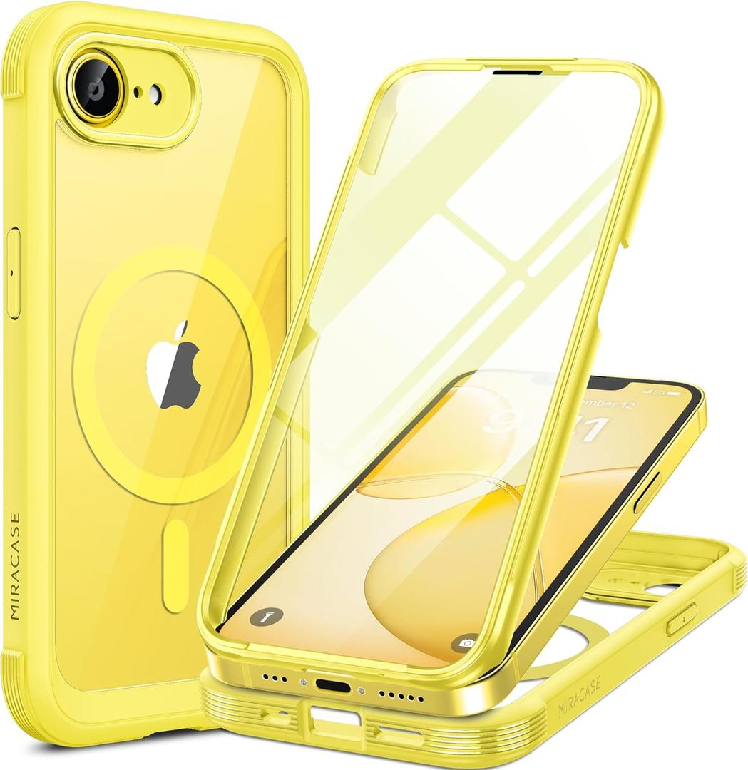 Miracase for iPhone 17e Case & iPhone 16e Case, Full-Body Phone with Built-in Glass Screen Protector, [Magnetic with MagSafe] Military Drop Proof 17 E/ 16 E Cover Bumper 6.1 inch, Yellow