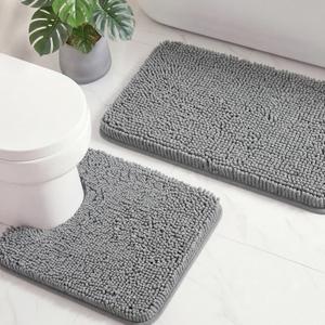Bathroom Rugs Sets 2 Piece, Ultra Absorbent Chenille Non Slip Bathroom Mat Set - 16'' x 24'' U-Shaped Contour Toilet Rug & 24'' x 21'' Extra Soft Plush Bath Mat - Machine Washable, Grey