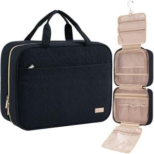  Travel Toiletry Bag for women, Portable Hanging Organizer for Full-Sized Shampoo, Conditioner, Brushes Set, Makeup Accessories, Large Size, Black