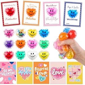 LLESSOO 24 Pack Valentines Day Cards for Kids School: Valentines Day Gifts for Kids Classroom with Heart Stress Balls Squishy Squeeze Toys, Valentines Party Favors