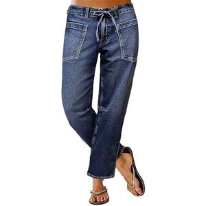 Flamingals Women's Mid Waist Straight Leg Jeans Drawstring Cropped Jeans Women Stretchy L