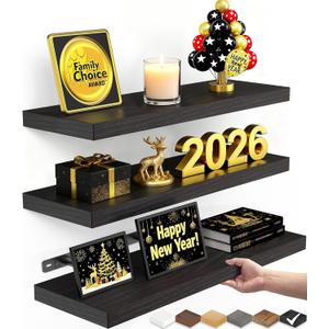 BAYKA Floating Shelves for Wall, Wall Mounted Rustic Wood Shelves for Bathroom, Bedroom, Living Room, Kitchen, Hanging Shelf for Books/Storage/Room Decor with 22lbs Capacity (Black, Set of 3, 15.7in) (A. Black - Universal Classic Style)