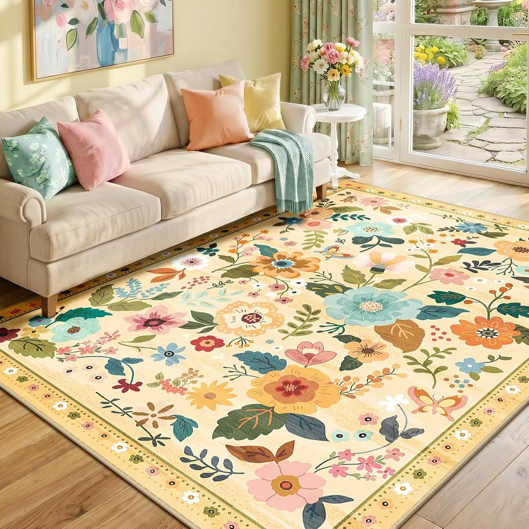 RELEANY Floral Nursery 6x9 Area Rugs Washable Print Boho Cute Carpet Non Slip Flower Low Pile for Living Room Kids Girls Playroom Bedroom Kitchen Office Farmhouse-Ivory/Yellow