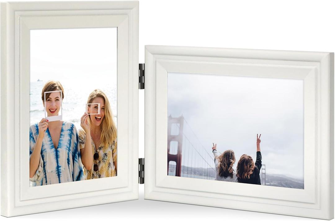 Vertical Horizontal Combo, Double 5x7 White Wood Art Picture Frame, Foldable Opening 4.5x6.5 Photo Frame, Portrait and Landscape View Standing on Desk