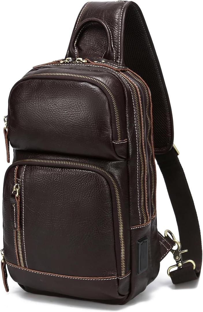 LANNSYNE Full Grain Leather Sling Bag For Men Crossbody Chest Daypack fits 10.5" iPad (Coffee1 for 10.5" Ipad)