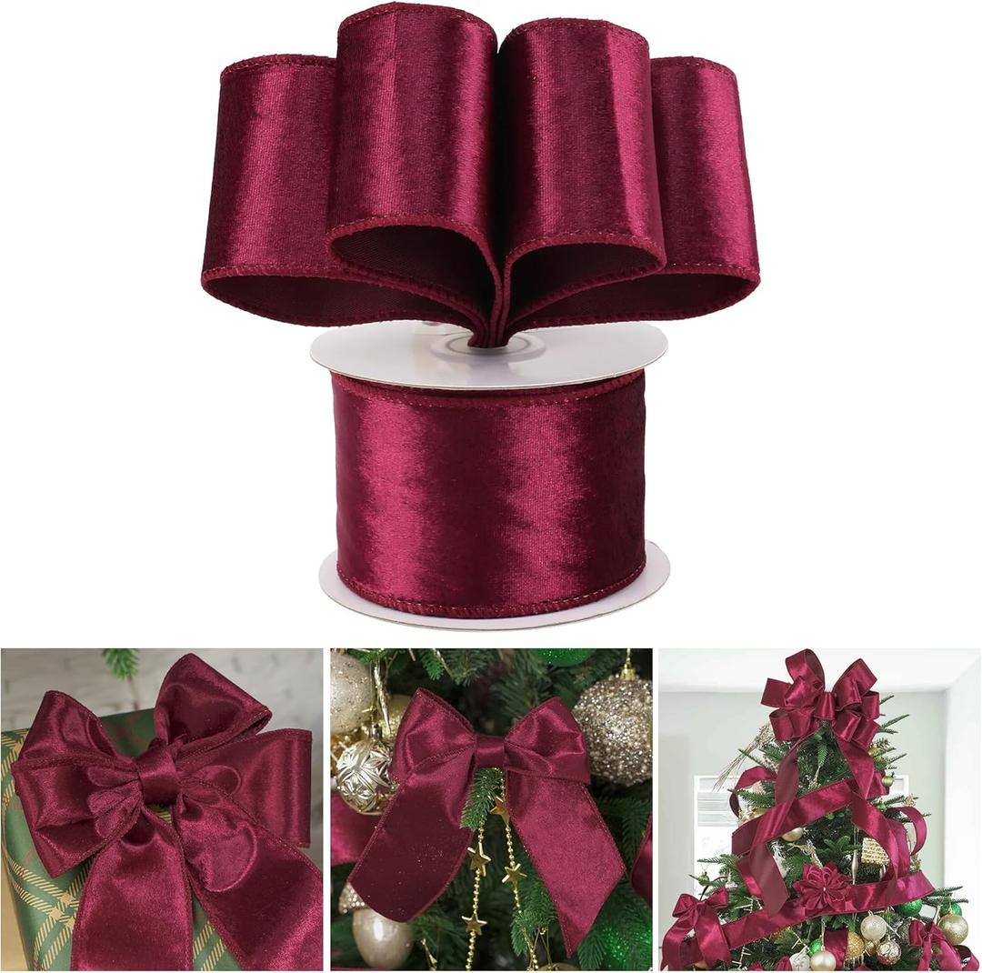 AIMUDI Burgundy Velvet Ribbon 2.5 Inch Maroon Christmas Wired Ribbon for Gift Wrapping Christmas Trees Wreaths Garlands Bows Making Holiday Crafts Topper Bows - 10 Yards