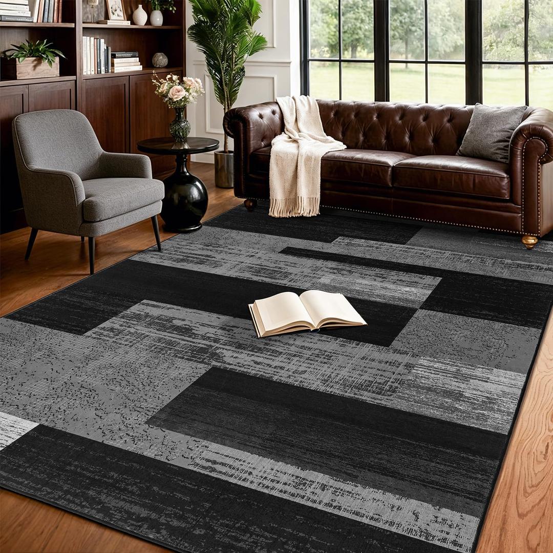 LIANLAM 6x9 Washable Area Rugs for Living Room and Bedroom, Vintage Checkered Pattern Non-Slip Carpet, Stain Resistant Low Pile Soft Rug for Dining Room,Office,Nursery,Kids Room(6x9,Gray)
