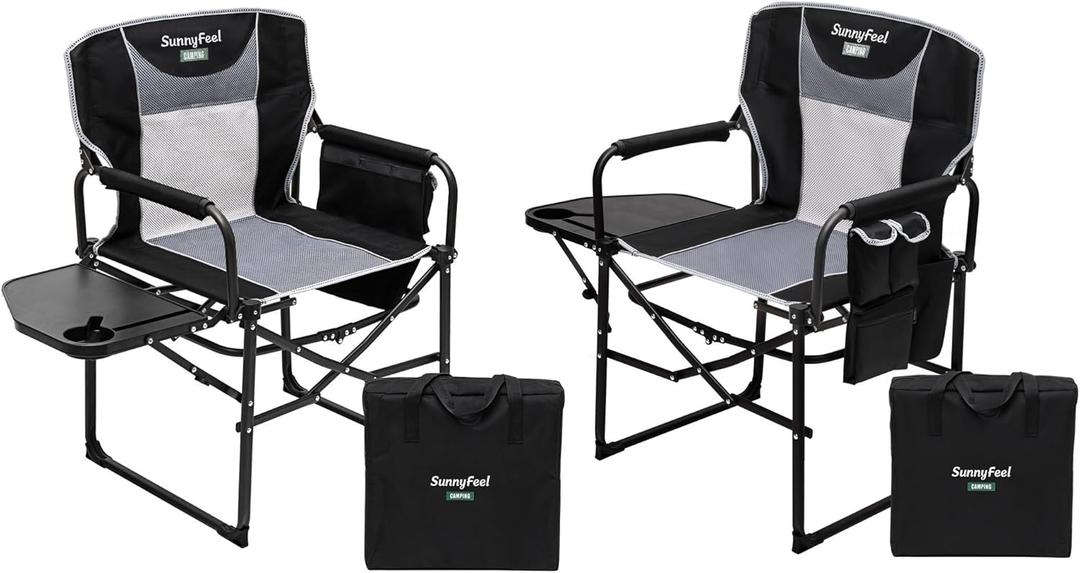 SUNNYFEEL Oversized Camping Directors Chair 2 Pack, Portable Folding Lawn Chairs for Adults Heavy Duty with Side Table,Pocket for Beach, Fishing,Picnic,Concert Outdoor, Foldable Camp Chairs (Black)