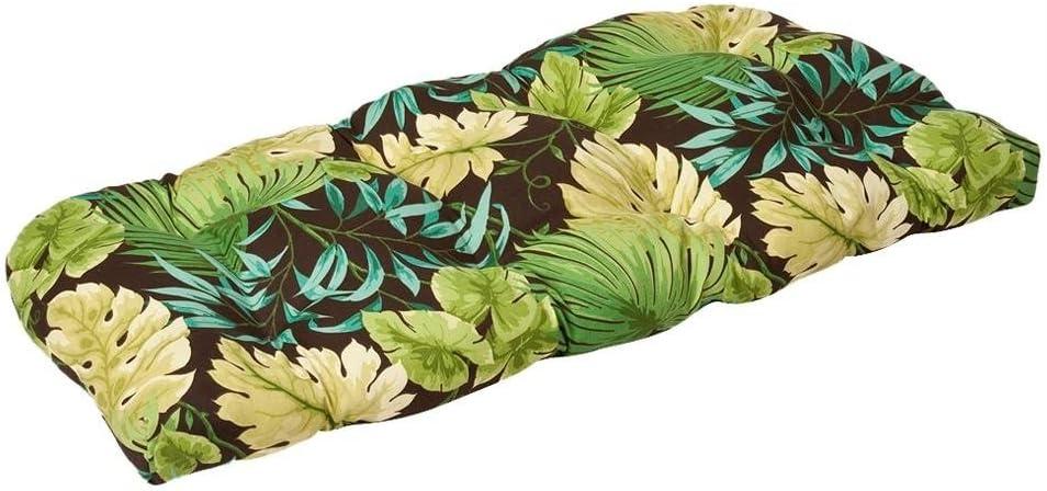 Pillow Perfect Tropic Botanical Indoor/Outdoor Tufted Wicker Loveseat Cushion, 1 Count, 19" x 44", Green Tropique Peridot