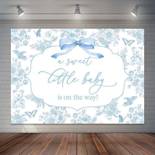 Joliaco Blue Bow Boy Baby Shower Backdrop Blue Floral Toys Newborn Photography Background Toile De Jouy Baby Shower Party Cake Table Decorations Photo Booth Props (7x5ft), Blue