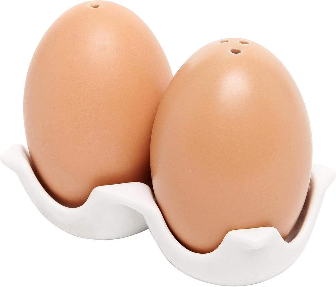 MyGift Ceramic Salt and Pepper Shaker Set, Mini Brown Egg Shaped Shakers with Carton Design Holding Stand, 3 Piece