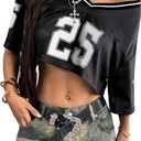 QJQ Jersey Shirts for Women Y2K Crop Tops Streetwear V Neck Half Sleeve Graphic T Shirts Football Soccer Tee Tops (Medium, Black)