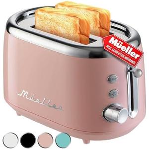 MÜELLERHOME Retro Toaster 2 Slice, 7 Browning Levels, 3 Functions (Reheat, Defrost, Cancel), Removable Crumb Tray, Under Base Cord Storage, Pink Kitchen Accessories Décor