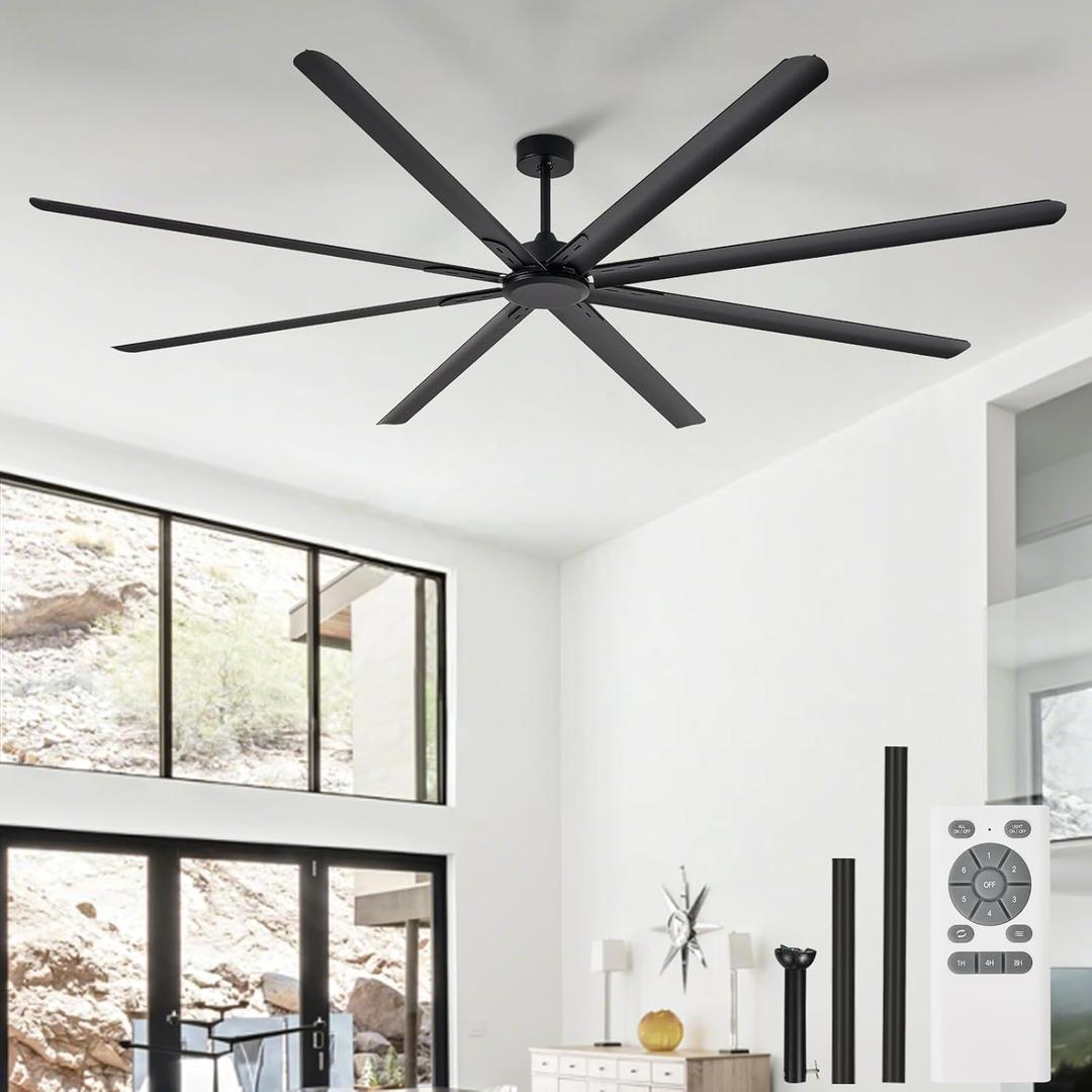 Black Ceiling Fan without Light: 100 Inch Outdoor Fan No Light Aluminum Blade - Industrial Large Ceiling Fan with Remote for Shop Garage Patio 6 Speeds Timer
