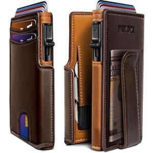 miyozi Wallet for Men, Magnetic Minimalist Slim Wallet with Pop Up Card Holder, 9 Cards RFID Blocking Metal Credit Card Case, Leather Wrapped Money Clip, ID Window & Small Item Slot, Gift Boxed (Burnt Umber / Orange023)