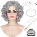 Old Lady Gray Wigs for Women Short Grey Curly Grandma Wig for 100th Days of School Cosplay Costume Halloween Party Synthetic Granny Wigs (5pcs Set)