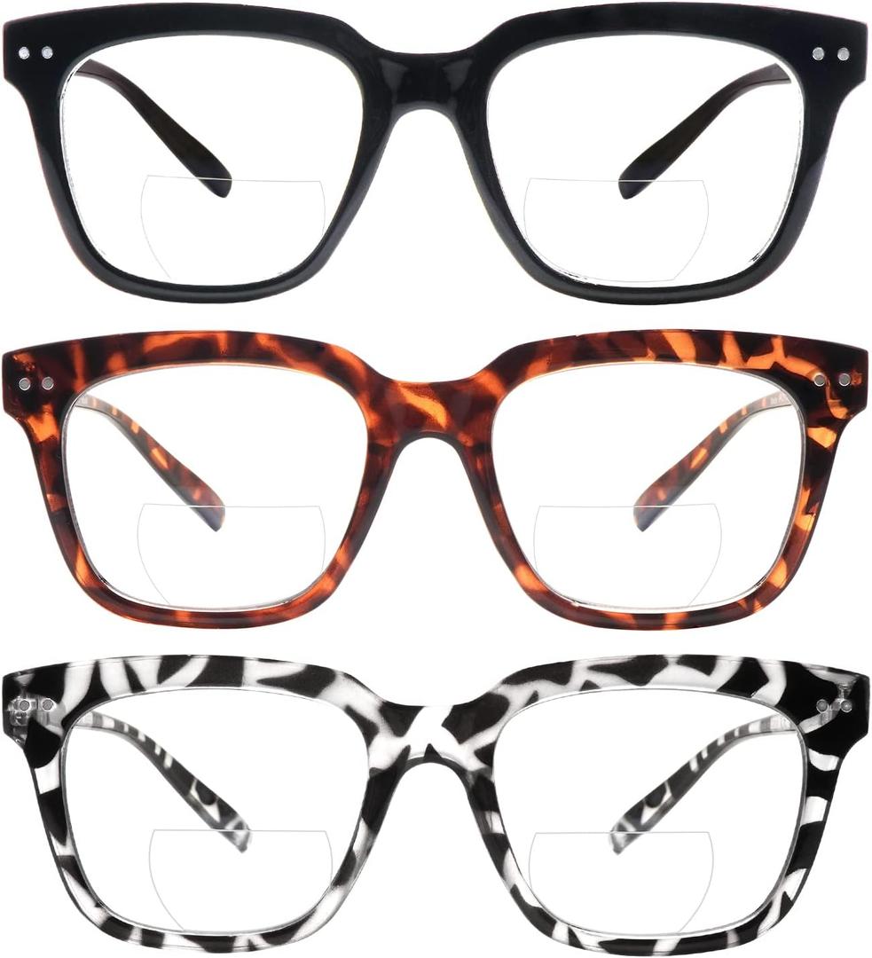 CLASAGA Bifocal Oversized Reading Glasses for Women Men, Blue Light Blocking Ladies Computer Readers Spring Hinge Eyewear (3 Mix Color)